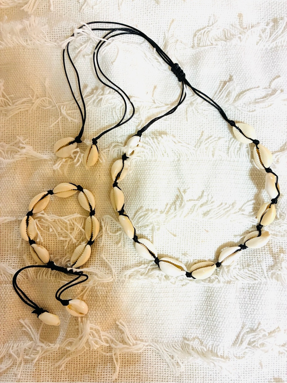Handmade Cowrie Shell Necklace and Bracelet Set - Black Cord, Cream Shells